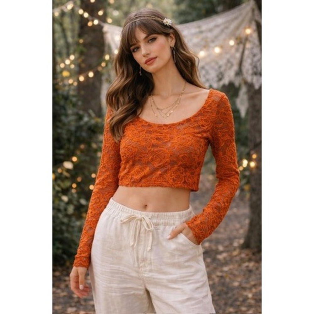 Pretty Angel Rust Orange Floral Rose Lace Long Sleeve Crop Top L/XL NEW